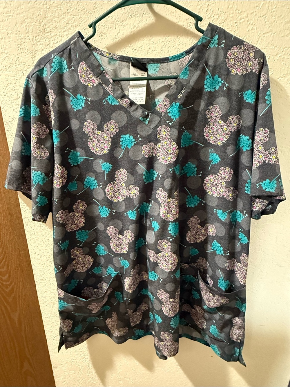 Disney Men's Dark Gray V-Neck Tee with Teal and Lavender Floral Mickey Print